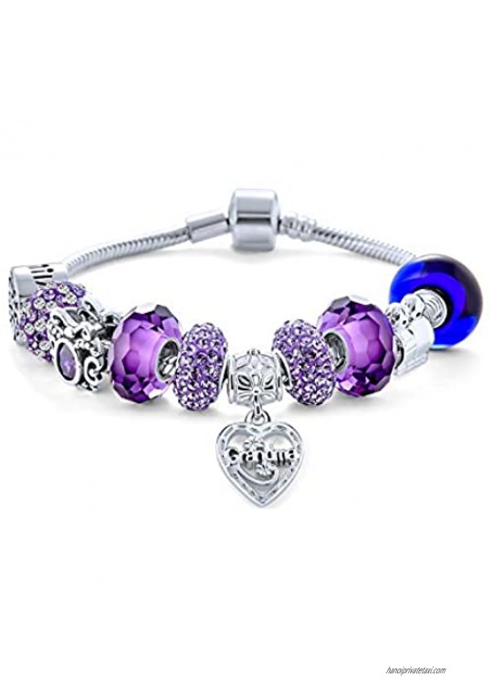 Purple Love Grandma Family Themed Starter Beads Multi Charm Bracelet For Grand Mother Women .925 Sterling Silver Snake Chain European Barrel Snap Clasp Bracelets 6.5 7 7.5 8 Inch