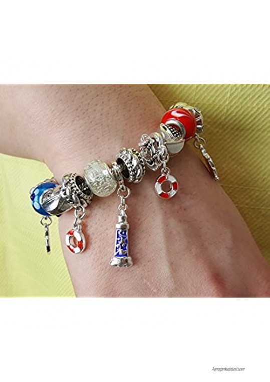 Rosemarie Collections Women's Cruise Glass Bead Charm Bracelet Nautical Anchor Lighthouse Helm