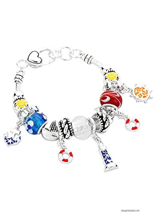 Rosemarie Collections Women's Cruise Glass Bead Charm Bracelet Nautical Anchor Lighthouse Helm