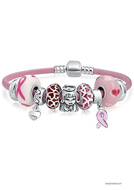 Support Breast Cancer Survivor Heart Pink Ribbon Multi European Bead Charm Genuine Leather Bracelet For Women 925 Sterling Silver Barrel Clasp 6.5 7 7.5 8.5 Inch