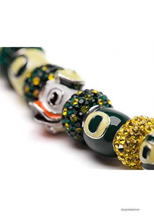 University of Oregon Bracelet | UO Ducks - Bracelet with 5 UO Beads and 6 Crystal Charms | Officially Licensed University of Oregon Jewelry | UO Charms | University of Oregon Gifts | Stainless Steel