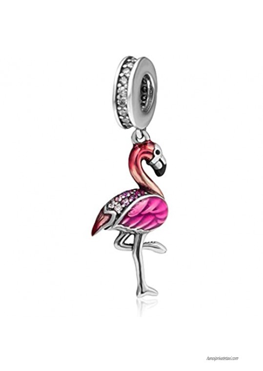 925 Sterling Silver Dangle Animal Charm with CZ Stone Pendant Charm for 3mm Snake Chain Bracelets (Flamingo)