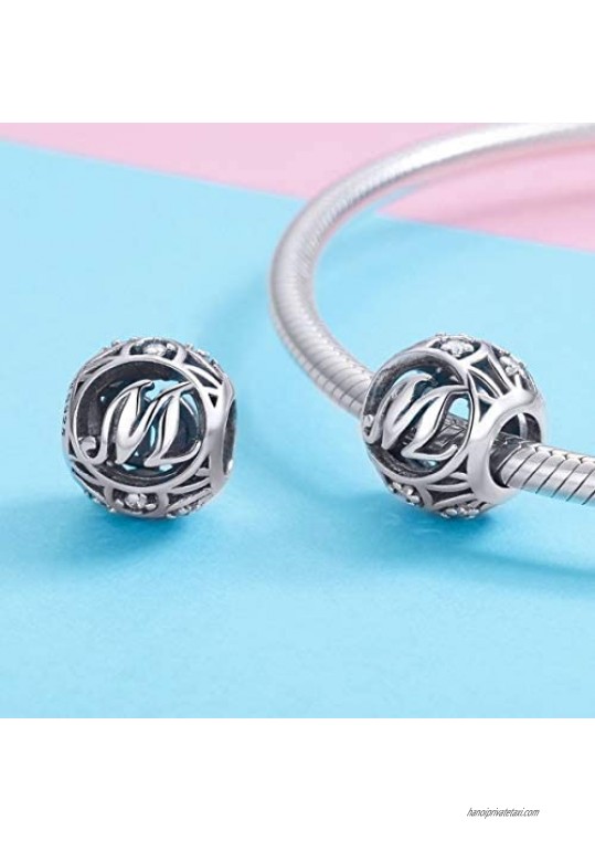 925 Sterling Silver with Cubic Stones Complete A~Z Gift Options Alphabet Charm Letter Beads fit Pandora European Bracelets