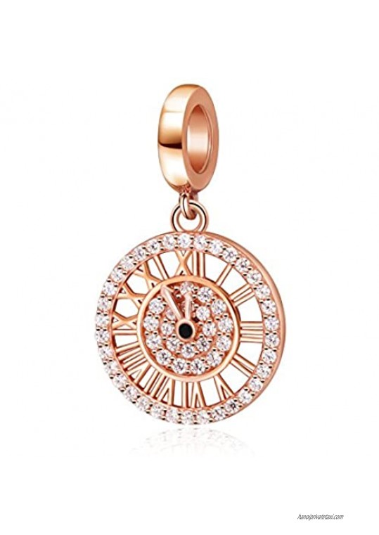 ABUN Rose Gold Clock Pendant Charms 925 Sterling Silver 12 Hours Charms with Clear CZ for Bracelet
