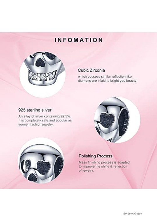 Annmors Skull Bead Charm 925 Sterling Silver-with Heart Eye and CZ Teeth Jewelry Gifts fits Pandora Charms Bracelets and Necklaces for European Women