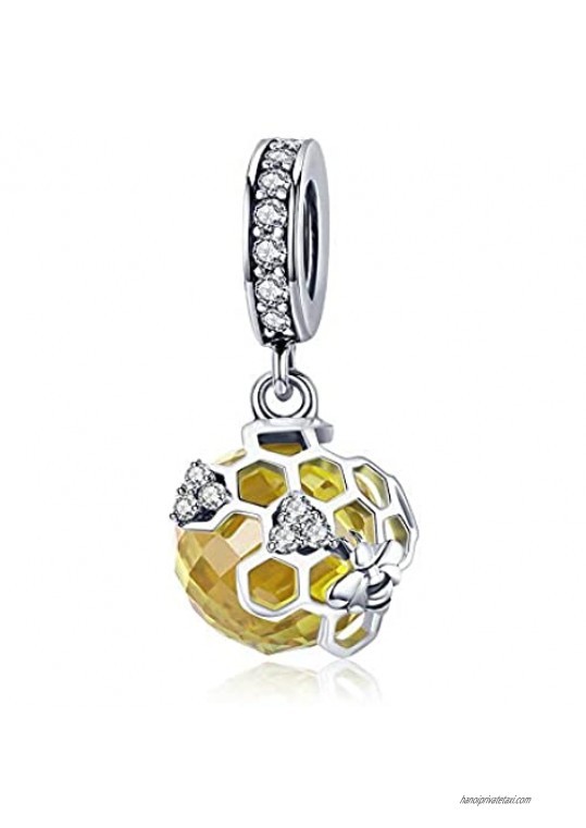Bee Honeycomb Trendy 925 Sterling Silver Honeycomb Bee Pendant Yellow CZ Cubic Zircon Charm fit Charm Bracelet DIY jewelry