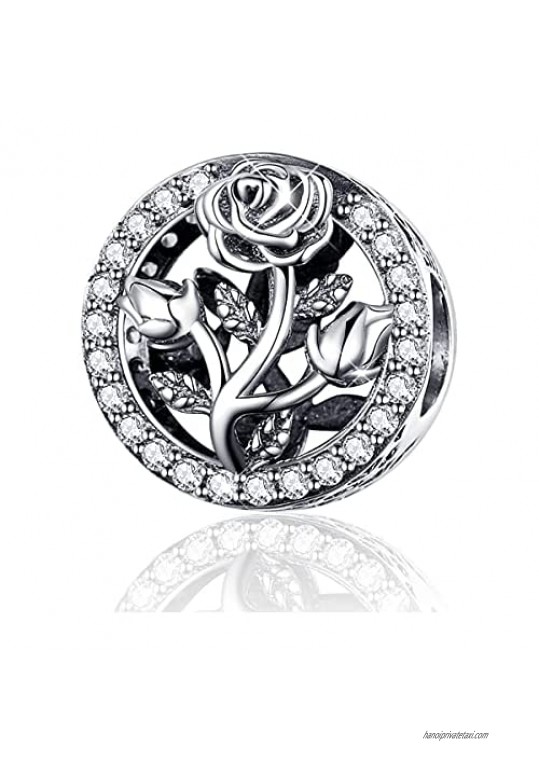 BISAER Rose Flower Charms for Pandora Bracelets 925 Sterling Silver Flower Charm Beads Valentines Day Gifts