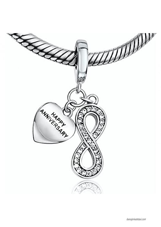 BOLENVI Happy Anniversary Infinity Forever Love 925 Sterling Silver Pendant Charm Bead For Pandora & Similar Charm Bracelets or Necklaces