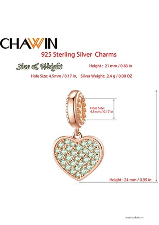 CHAWIN Birthstone Charms Rose Gold Plated 925 Sterling Silver Heart Dangle Charm with Sparkling CZ Compatible with Pandora Charm Bracelet Necklace Happy Birthday Gifts for Women/Wife/Mother/Sister