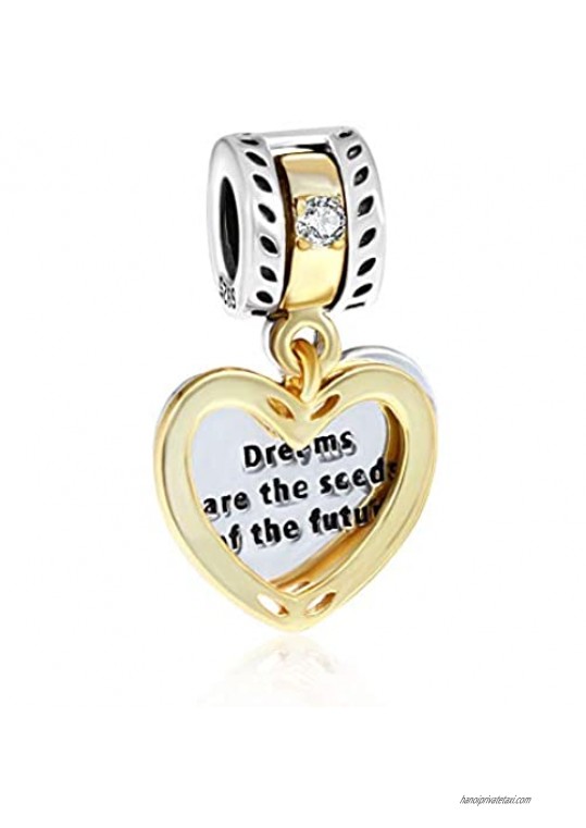 Dreams are The Seeds of The Future Gold Heart Beads Dangle Charm 925 Sterling Silver Beads Fit European Bracelet