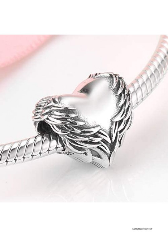 FAEFASH Antique Feather Love Bead 925 Sterling Silver Charm Love Bead Wings Charm fit Women Pandora Style Bracelet/Necklace