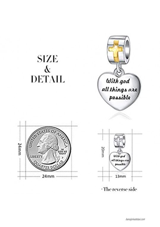 FOREVER QUEEN Cross Charm with God All Things are Possible Religious Heart Dangle Bead Fits European Bracelets