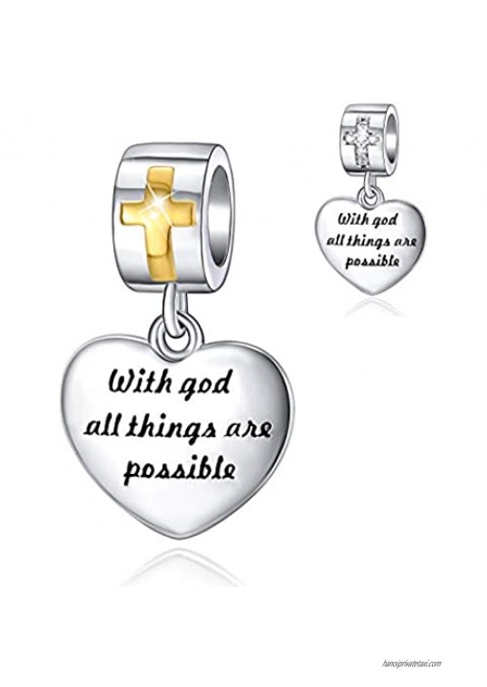 FOREVER QUEEN Cross Charm with God All Things are Possible Religious Heart Dangle Bead Fits European Bracelets