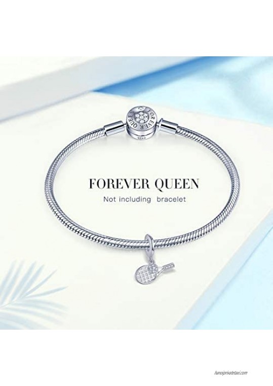 FOREVER QUEEN Women Tennis Charm for Charms Bracelet and Necklace 925 Sterling Silver Tennis Ball Charms Tennis Racket Charm Sport Dangle Charm Bead CZ Pendant for Women Girl Jewelry Gift FQ00011