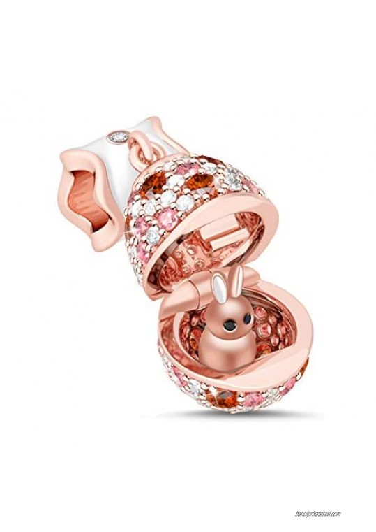 GNOCE Rose Gold Pendant Charm 925 Sterling Silver Unexpected Surprise Rabbit Dangle Charms with Colorful CZ Easter Gift Easter Bunny Animal Bead Fit for Bracelet for Women Girl