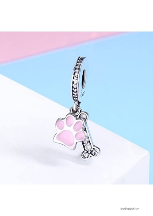 I Love My Dog Paw Puppy Bone Original 925 Sterling Silver Charm Beads with Clear Cubic Zirconia Love Pets Dog Cat Paw Animal Charms Pendant for Bracelets Girl Women Christmas Jewelry