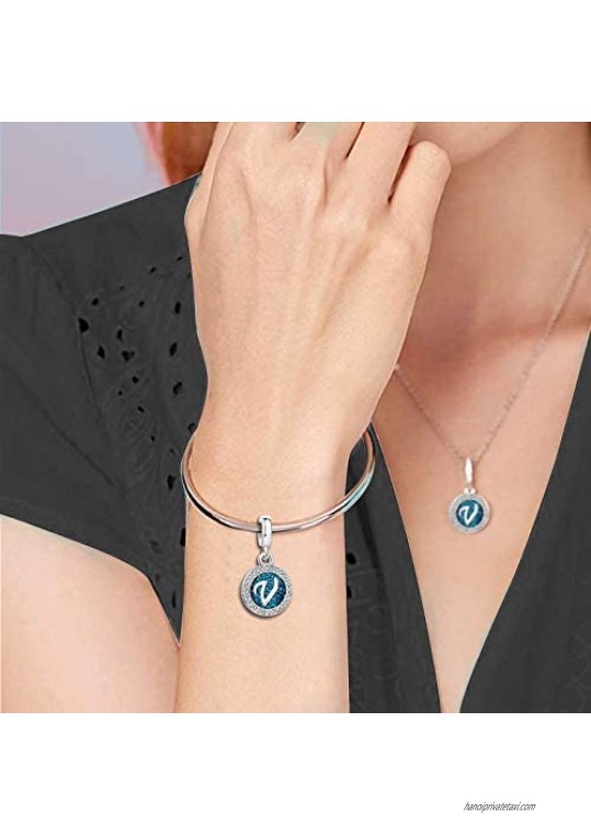 KunBead Letter Initial Blue Charms for Bracelets Alphabet Love Birthday Bead Charm for Women Girls Dangle Pendant Necklace