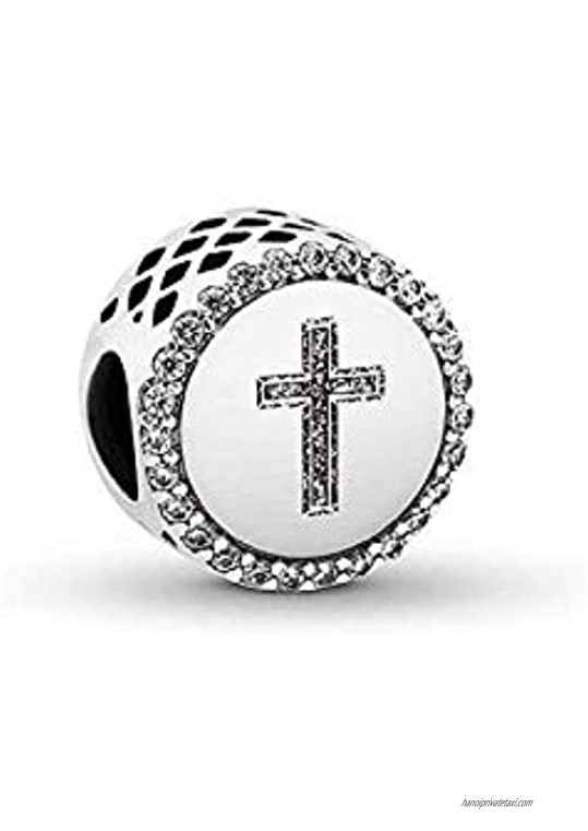 Metalmadman Clear CZ Cross Charm 925 Sterling Silver Charms Faith Holy Women with Cross on Them Christian Bead fit Pandora Bracelets