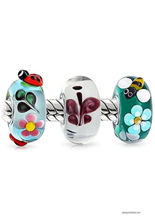 Mixed Garden Insect Set Bundle .925 Sterling Silver Core Translucent Multi Color 3D Lampwork Murano Glass Ladybug Butterfly Bumble Bee Charm Bead Spacer Fits European Bracelet For Women Teen
