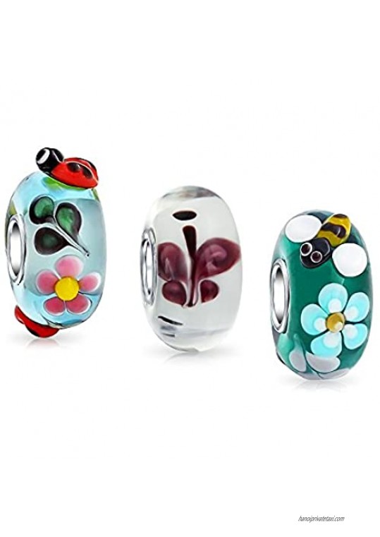 Mixed Garden Insect Set Bundle .925 Sterling Silver Core Translucent Multi Color 3D Lampwork Murano Glass Ladybug Butterfly Bumble Bee Charm Bead Spacer Fits European Bracelet For Women Teen