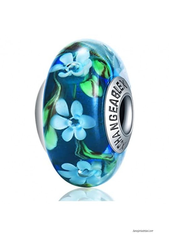 Murano Glass Charms Beads Flower Garden Scene - Handmade Lampwork w/ Authentic 925 Sterling Silver Gift for Mom Daughter