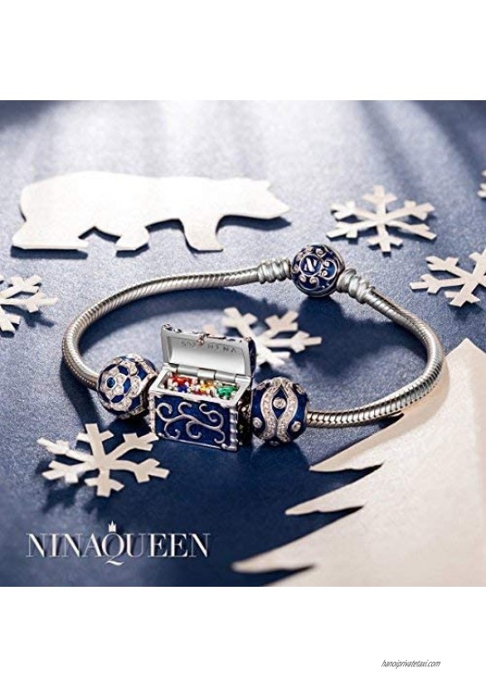 NINAQUEEN Chest of Treasure Sterling Silver Charms for Women Enaml Applied by Hand Jewelry Box included for Gift Fit for Pandora Charms Bracelet