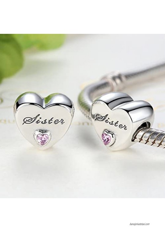NINGAN Heart Sister Charms for Women's Charms Bracelet 925 Sterling Silver Beads Fits Charm Necklaces Happy Birthday Gifts for Women Girls Boy Men