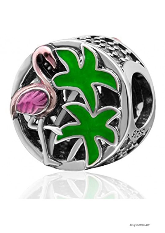 Palm Trees Flamingo Charm 925 Sterling Silver Travel Beads fit DIY Bracelet & Necklace