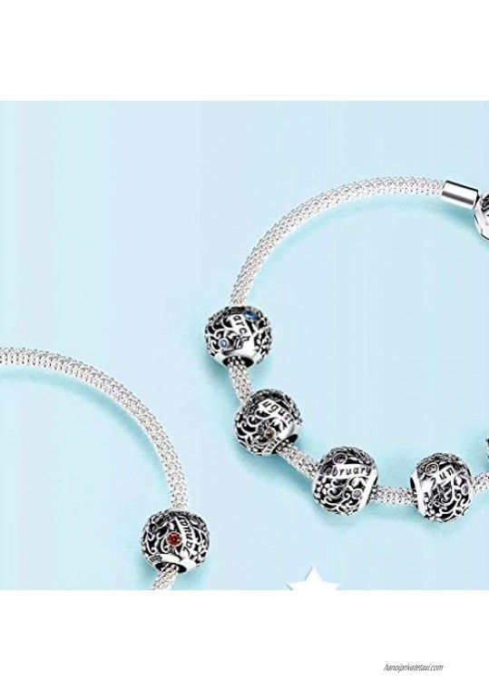 Presentski Birthstone Charms for Bracelets-925 Sterling Silver Openwork Bead Charms Love Heart Charms for Bracelets and Necklaces Happy Birthday Gifts for Women Girls