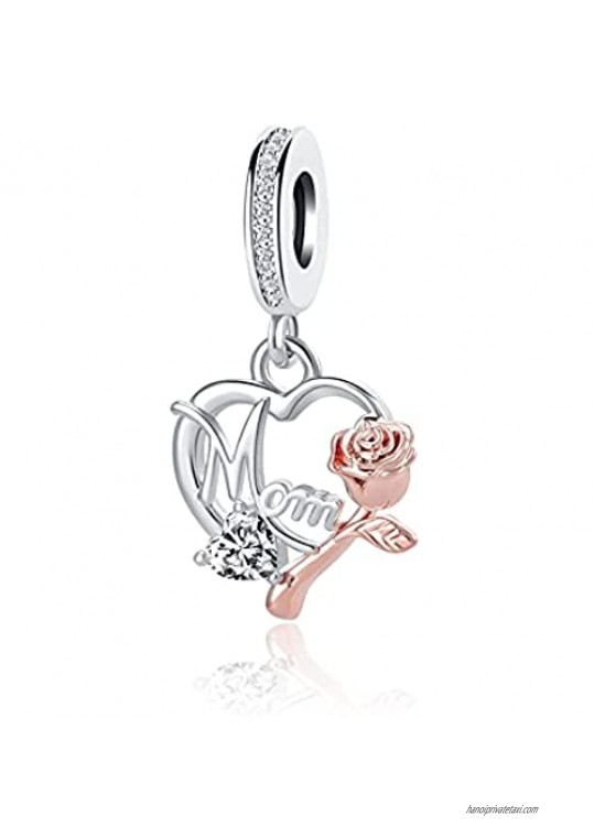 QeenseKc Love Best Mom Mother Heart Charm Rose Flower Family Cubic Zirconi Bead for Pandora Bracelet