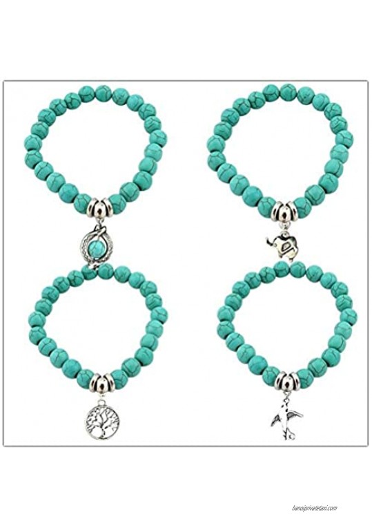 Charm Boho Vintage Turquoises Cross Tree Owl Hand Elephant Stone Bracelet for Women Men