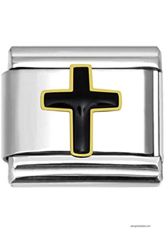 SilverAndJewelry Black Cross Italian Charm Stainless Steel Bracelet Link