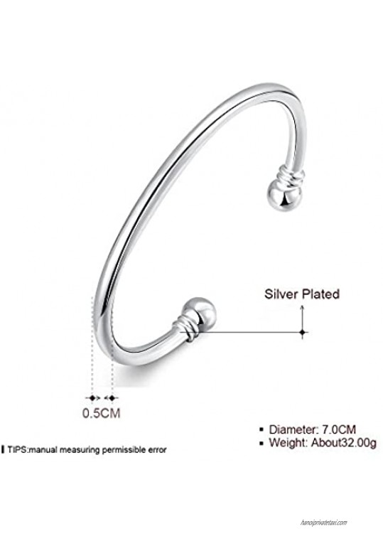 925 Sterling Silver Bangle Bracelet Adjustable Cuff Bangle Bracelet Fashion Simple Open Bangles Two Bead Cuff Jewelry for Men Women