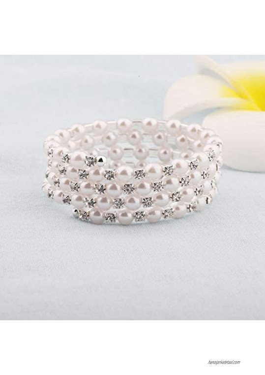 bobauna Multilayer Pearl Rhinestone Wrap Cuff Bracelet Wedding Party Jewelry Gift for Bridal Bridesmaid