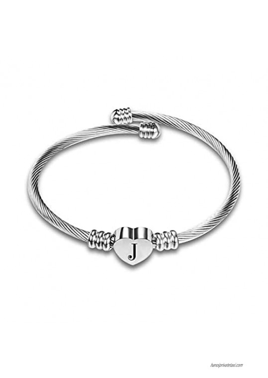 Chili Jewelry Women Girls Initial Bracelet Stainless Steel 26 Letters A to Z Alphabet Heart Name Cuff Bracelet Expandable Birthday Mother's Day Gifts