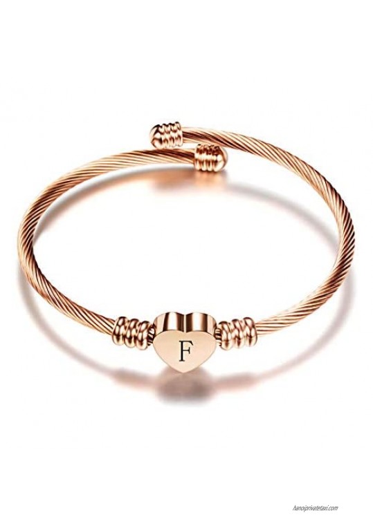 Chili Jewelry Women Mens Girls Heart A-Z Initial Letter Charm Cuff Bracelets Black Rose Gold Silver and Gold Plated Stainless Steel Alphabet Name Expandable Bangle Bracelets