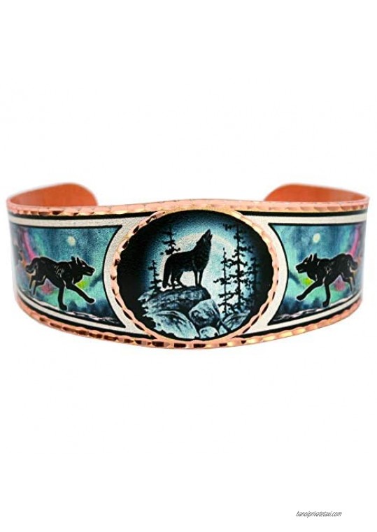 Copper Cuff Bracelet Wildlife Art  Howling Wolf on a Ledge  Jewelry for Women  Unisex Fashion Copper Cuff