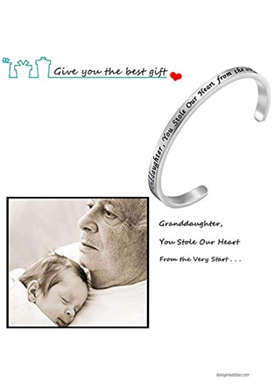 FEELMEM Granddaughter Bracelet Granddaughter You Stole Our Heart from The Very Start Cuff Bangle Gift for Granddaughter Family Jewelry