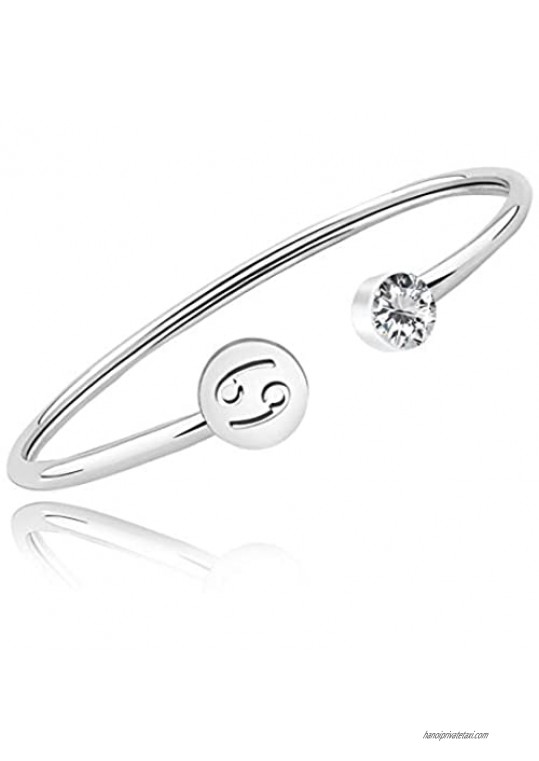 HOLLP Birthday Gift Zodiac Sign Cuff Bracelet with Clear Birthstone Zodiac Bracelets for Women Girls