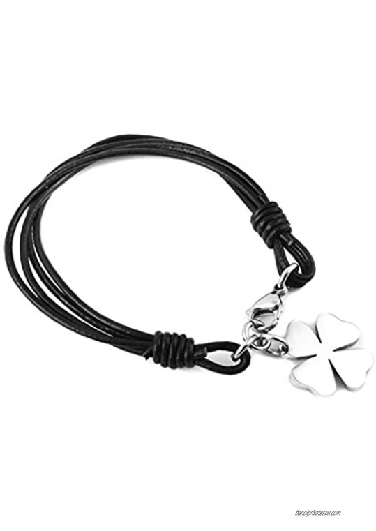 HZMAN Unisex Leather Stainless Steel Lucky Charm 4-Leaf Clover Irish Good Luck Bracelet Braided Cuff Bangle