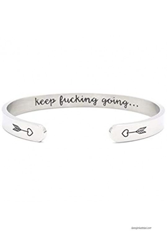 Inspirational Bracelet Cuff Bangle Mantra Quote Keep Going Stainless Steel Engraved Motivational Friend Encouragement Jewelry Gift for Women Teen Girls