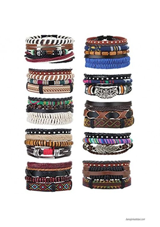 JOERICA 32-35 Pcs Braided Bracelet for Women Men Woven Leather Wristbands Boho Ethnic Style Tribal Linen Hemp Cords Wrap Bracelets Set Handmade String Jewelry