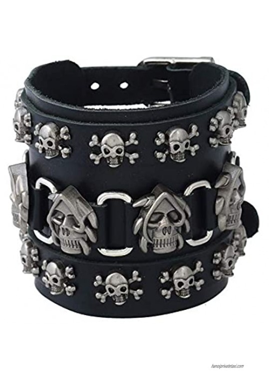 Kdeemua Punk Leather Cuff Bracelet Skull Design Bracelet Wristband Adjustable Size 7 to 9 Inches