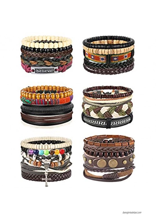 LOLIAS 28Pcs Leather Chakra Bead Tribal Bracelet for Men Women Charm Ethnic Wood Beaded Hemp Bracelets Boho Wristbands