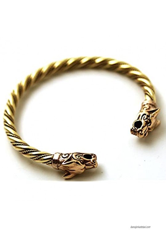 LynnAround Bronze Norse Viking Fenrir Wolf Head Twisted Cable Bangle Cuff Bracelet Arm Ring Pagan Jewelry