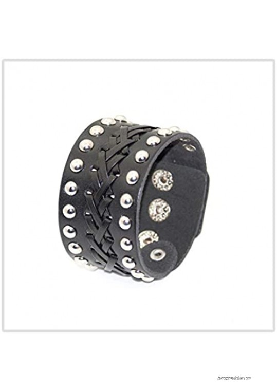 Mgutillart Punk Vintage Metal Rivet Wristband Wide Leather Bracelet Braided Cuff Bracelet