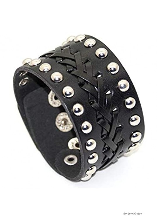 Mgutillart Punk Vintage Metal Rivet Wristband Wide Leather Bracelet Braided Cuff Bracelet