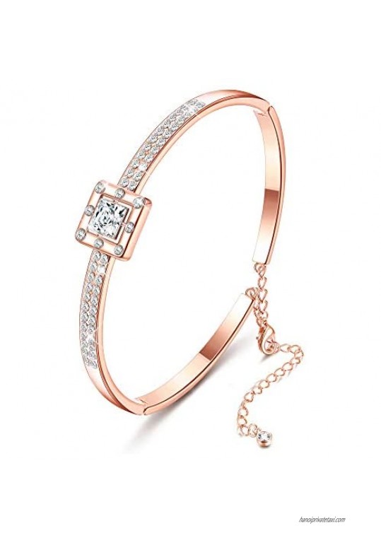 Sllaiss Rose Gold Austria Crystal Bangle Bracelet for Women Square Cuff Bracelet with Adjustable Chain Jewelry for Birthday Anniversary