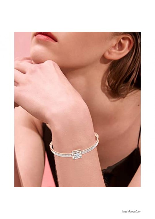 Sllaiss Rose Gold Austria Crystal Bangle Bracelet for Women Square Cuff Bracelet with Adjustable Chain Jewelry for Birthday Anniversary