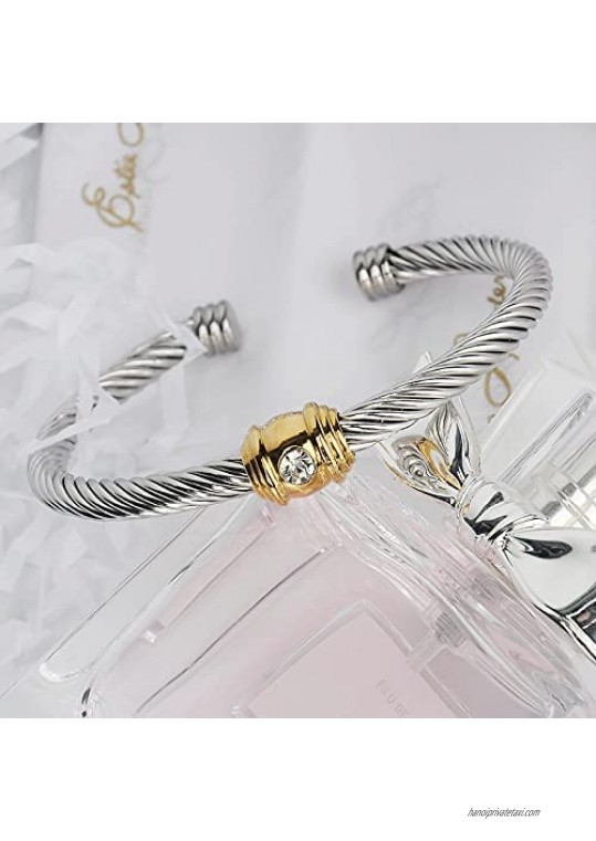 Winhime Designer Brand Inspired Bracelet for Women Vintage Cable Bangle Bracelets with Diamonds for Teen Girls Stainless Steel Twisted Wire Cable Cuff Bracelet in Two Tone Silver Gold